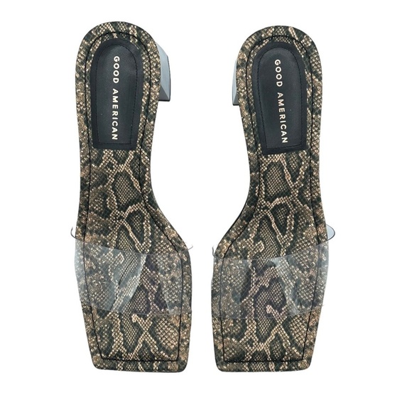 NEW GOOD AMERICAN Block Heel Slide Sandals Desert Snake Clear Upper Size 10 - Picture 4 of 9